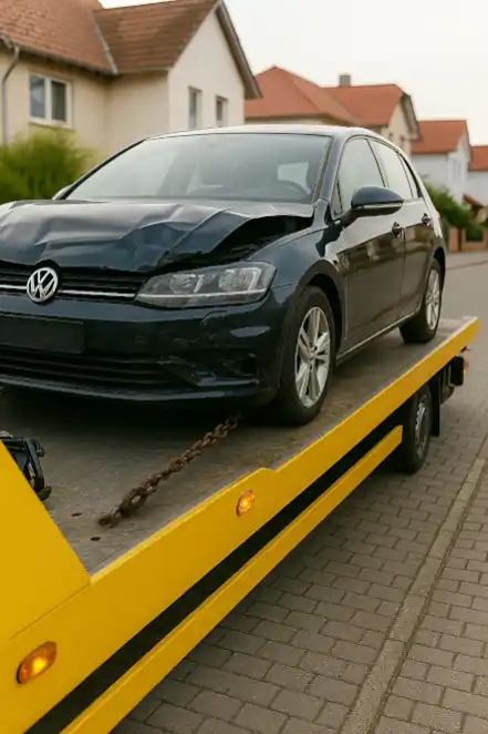 Ein defektes Fahrzeug wird abgeschleppt, um es dem Autoankauf in Balingen zuzuführen.